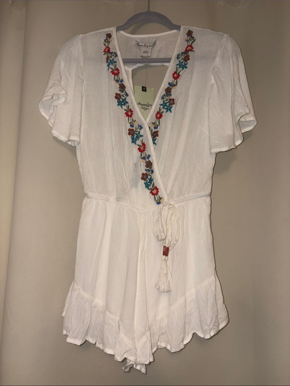 American Rag White Embroidered V-Neck Short Romper S